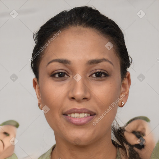 Joyful latino young-adult female with short  brown hair and brown eyes