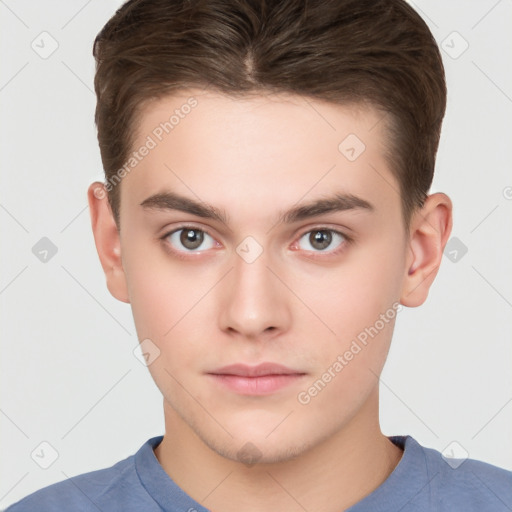 Neutral white young-adult male with short  brown hair and brown eyes