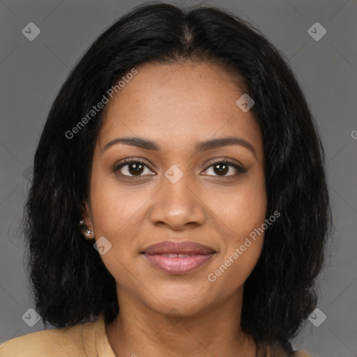 Joyful black young-adult female with long  brown hair and brown eyes