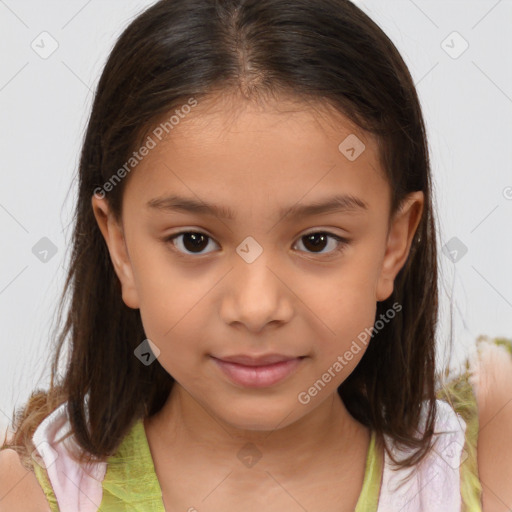 Joyful white child female with medium  brown hair and brown eyes