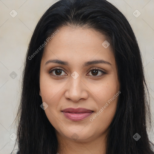 Joyful latino young-adult female with long  brown hair and brown eyes