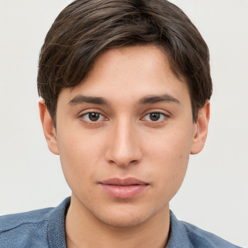 Neutral white young-adult male with short  brown hair and brown eyes