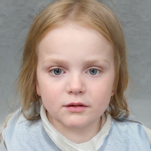 Neutral white child female with medium  brown hair and blue eyes