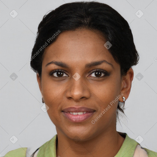Joyful asian young-adult female with short  black hair and brown eyes