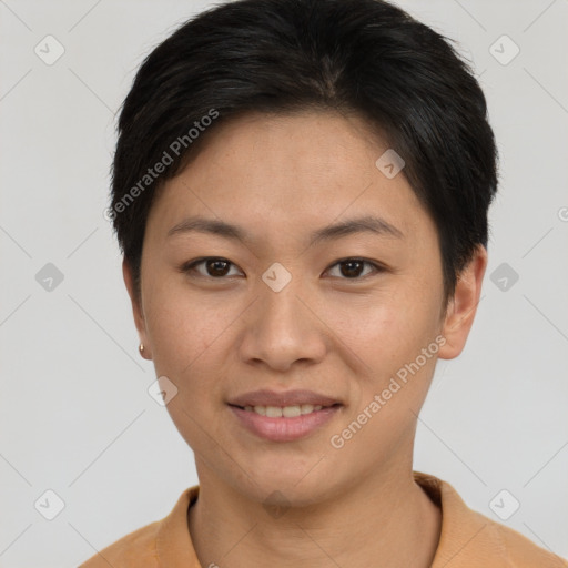 Joyful asian young-adult female with short  brown hair and brown eyes