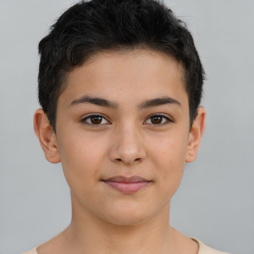 Joyful latino young-adult male with short  brown hair and brown eyes