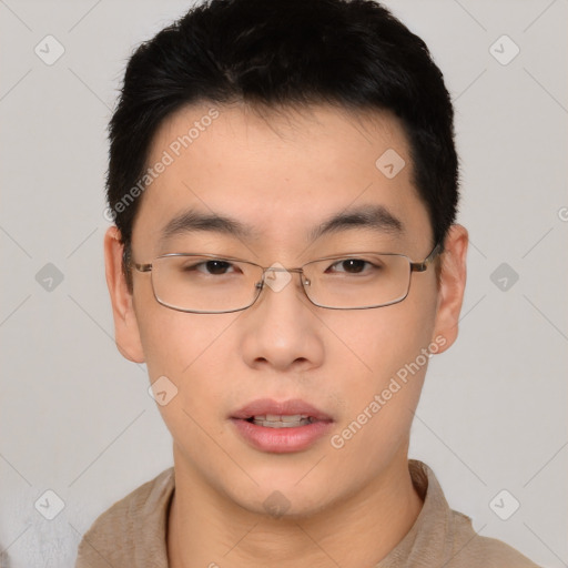 Neutral asian young-adult male with short  brown hair and brown eyes