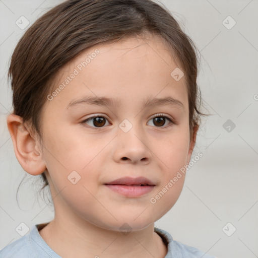 Joyful white child female with short  brown hair and brown eyes