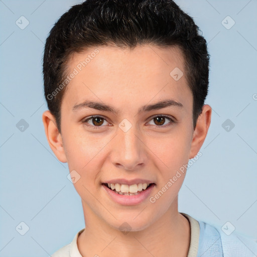 Joyful white young-adult female with short  brown hair and brown eyes