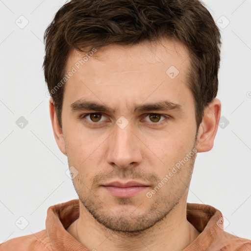 Neutral white young-adult male with short  brown hair and brown eyes