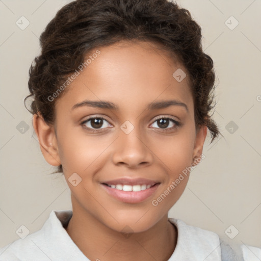 Joyful white child female with short  brown hair and brown eyes