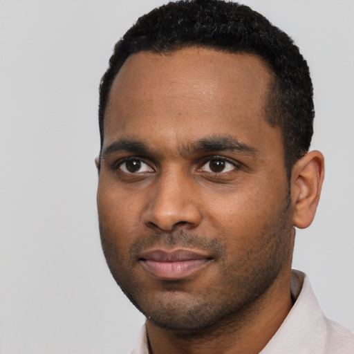 Neutral black young-adult male with short  black hair and brown eyes