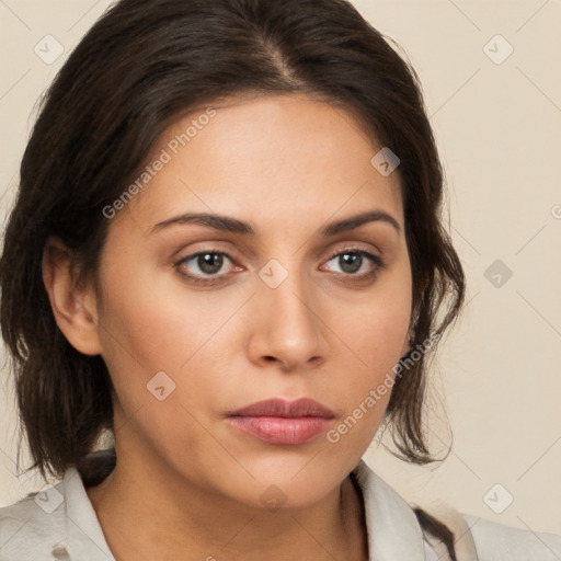 Neutral white young-adult female with medium  brown hair and brown eyes