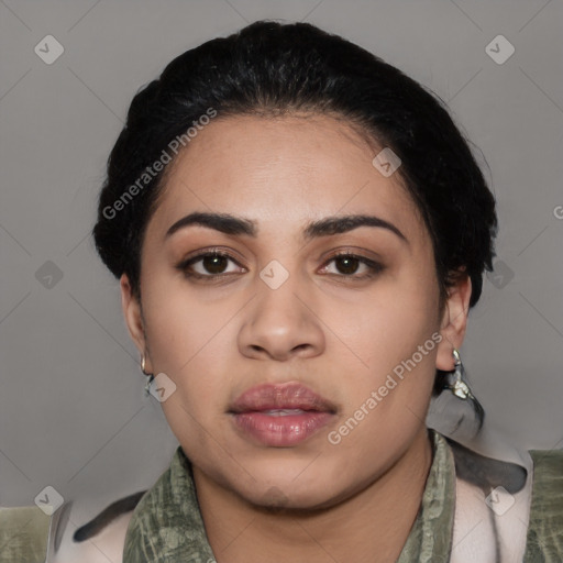 Neutral asian young-adult female with medium  black hair and brown eyes