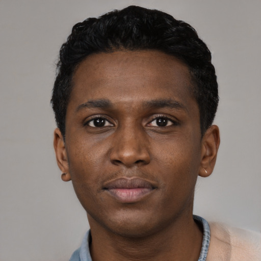 Neutral black young-adult male with short  black hair and brown eyes