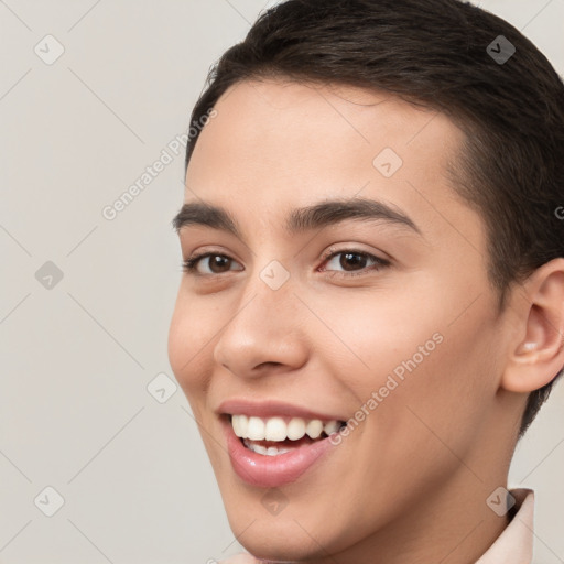 Joyful white young-adult female with short  brown hair and brown eyes