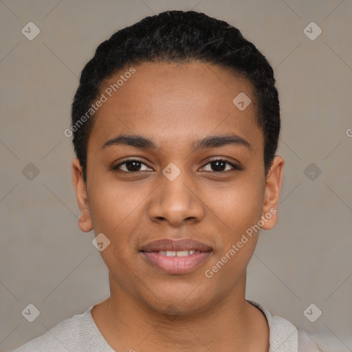 Joyful latino young-adult female with short  black hair and brown eyes