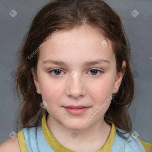 Joyful white child female with medium  brown hair and brown eyes