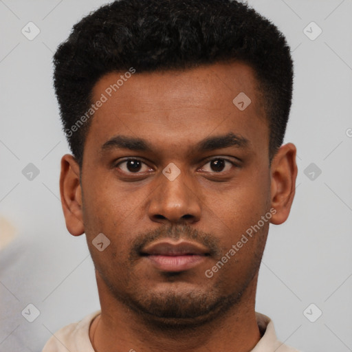 Neutral black young-adult male with short  black hair and brown eyes