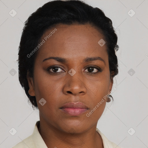 Neutral black young-adult female with short  black hair and brown eyes
