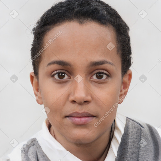 Neutral white young-adult female with short  brown hair and brown eyes