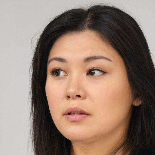 Neutral asian young-adult female with long  brown hair and brown eyes