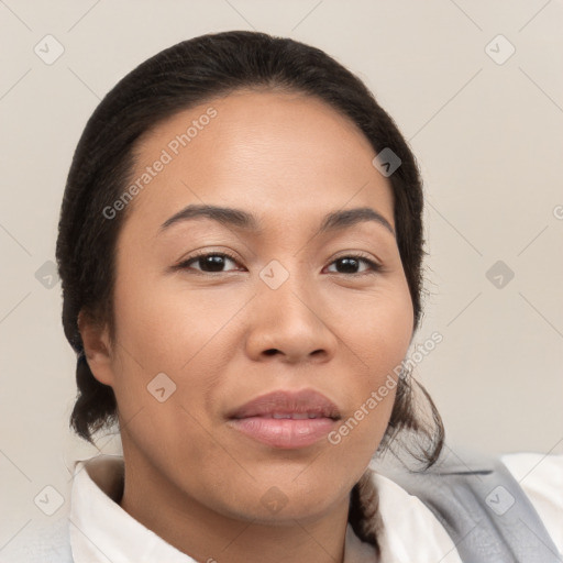 Joyful white young-adult female with medium  brown hair and brown eyes