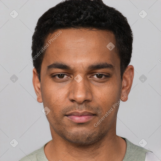Neutral latino young-adult male with short  black hair and brown eyes