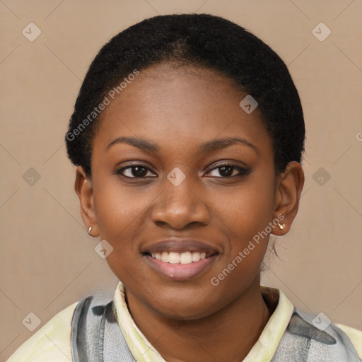 Joyful latino young-adult female with short  black hair and brown eyes