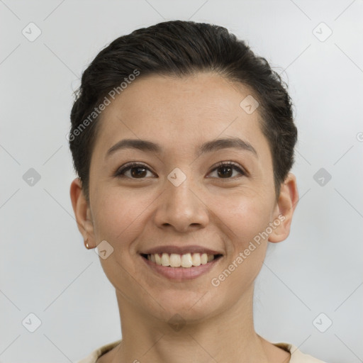 Joyful white young-adult female with short  brown hair and brown eyes