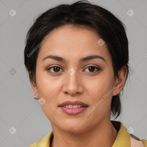 Joyful white young-adult female with medium  brown hair and brown eyes