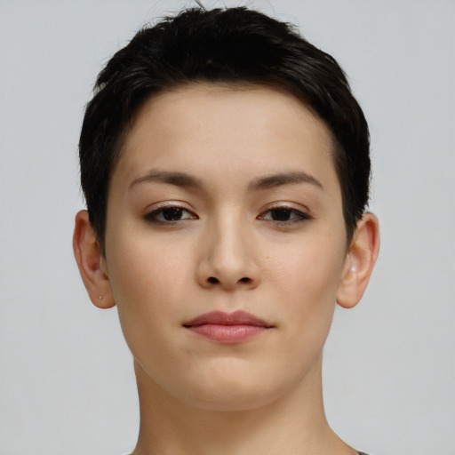 Neutral white young-adult female with short  black hair and brown eyes