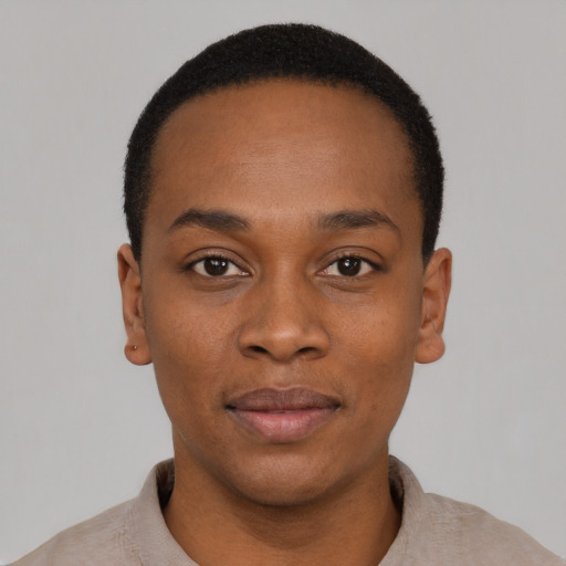 Neutral black young-adult male with short  black hair and brown eyes