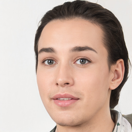 Joyful white young-adult male with medium  brown hair and brown eyes