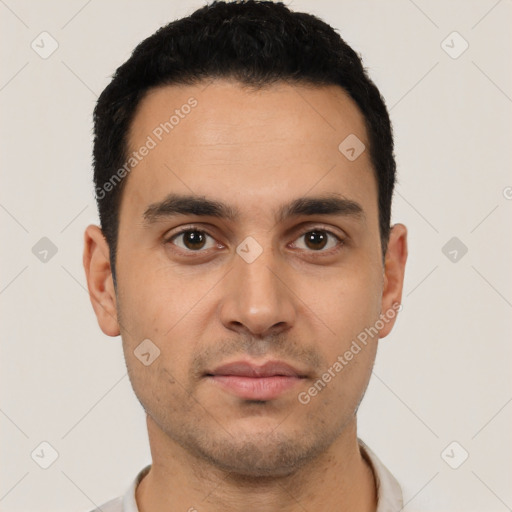 Neutral latino young-adult male with short  black hair and brown eyes