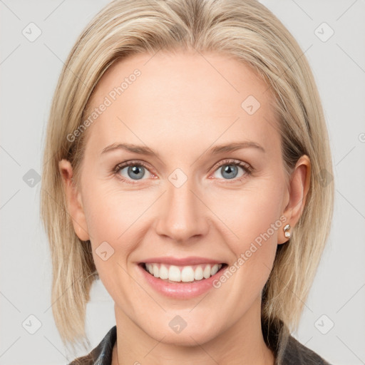 Joyful white young-adult female with medium  brown hair and blue eyes