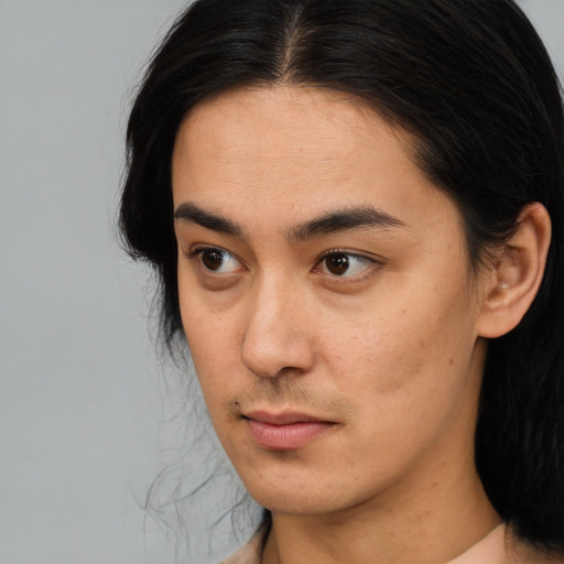 Neutral asian young-adult male with long  brown hair and brown eyes