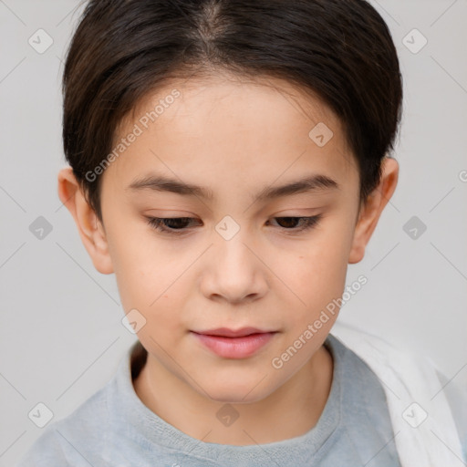 Joyful white child female with short  brown hair and brown eyes