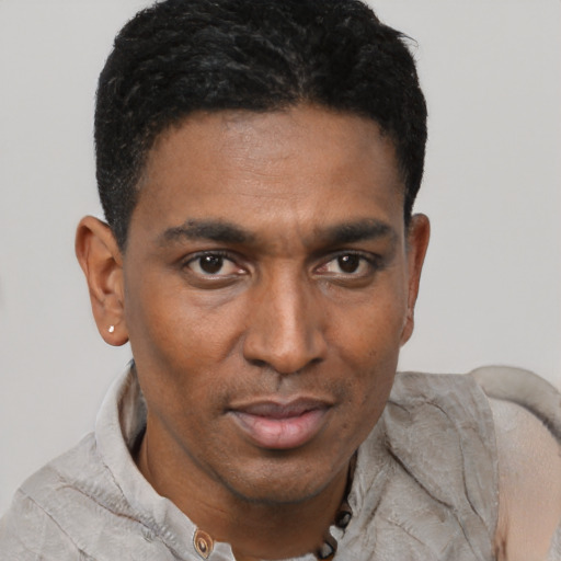 Joyful latino young-adult male with short  black hair and brown eyes