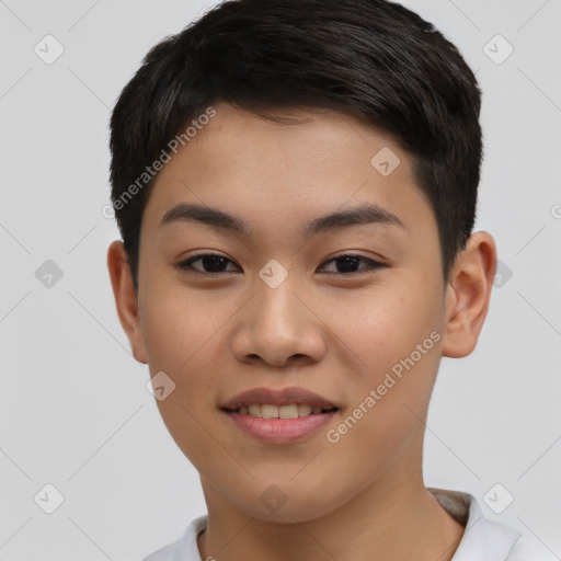 Joyful asian young-adult female with short  black hair and brown eyes