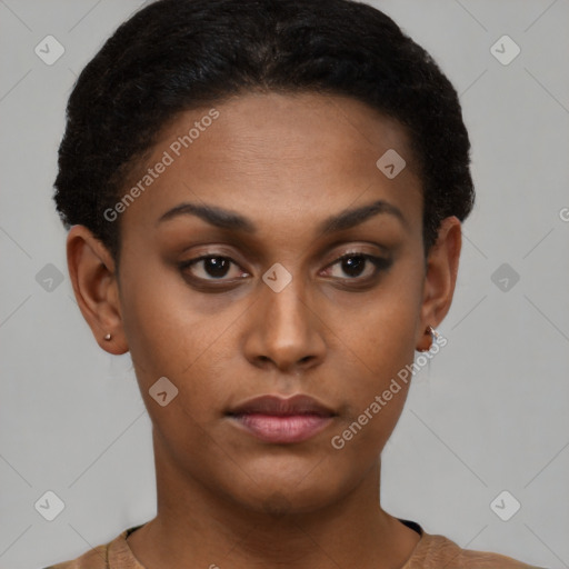 Neutral black young-adult female with short  brown hair and brown eyes