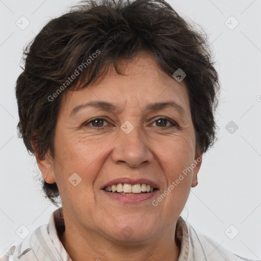 Joyful white adult female with short  brown hair and brown eyes