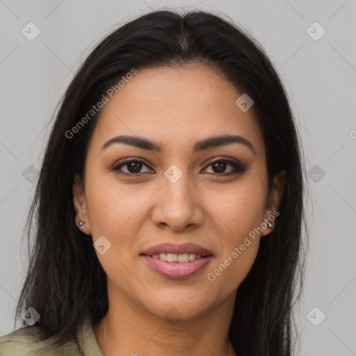 Joyful latino young-adult female with long  brown hair and brown eyes