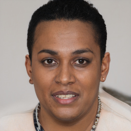 Joyful black young-adult female with short  black hair and brown eyes