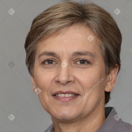 Joyful white adult female with short  brown hair and brown eyes