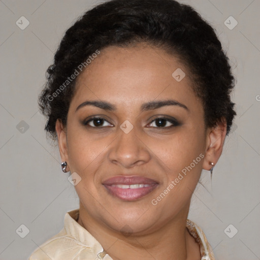 Joyful latino young-adult female with short  brown hair and brown eyes