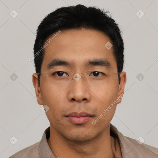 Neutral asian young-adult male with short  black hair and brown eyes