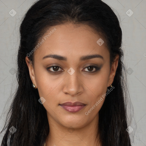 Joyful latino young-adult female with long  brown hair and brown eyes