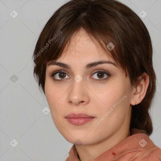 Neutral white young-adult female with medium  brown hair and brown eyes