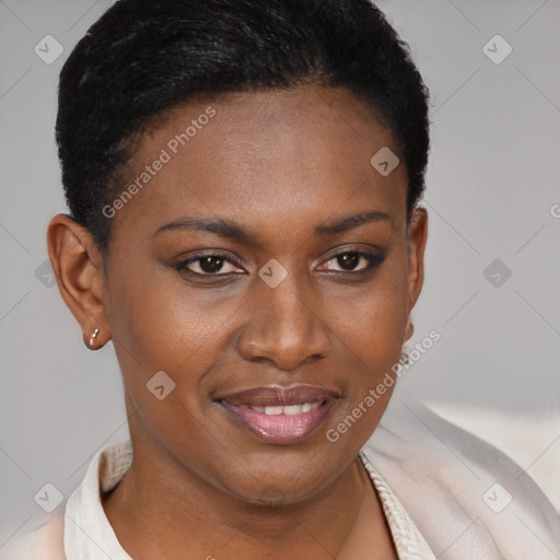 Joyful black young-adult female with short  brown hair and brown eyes